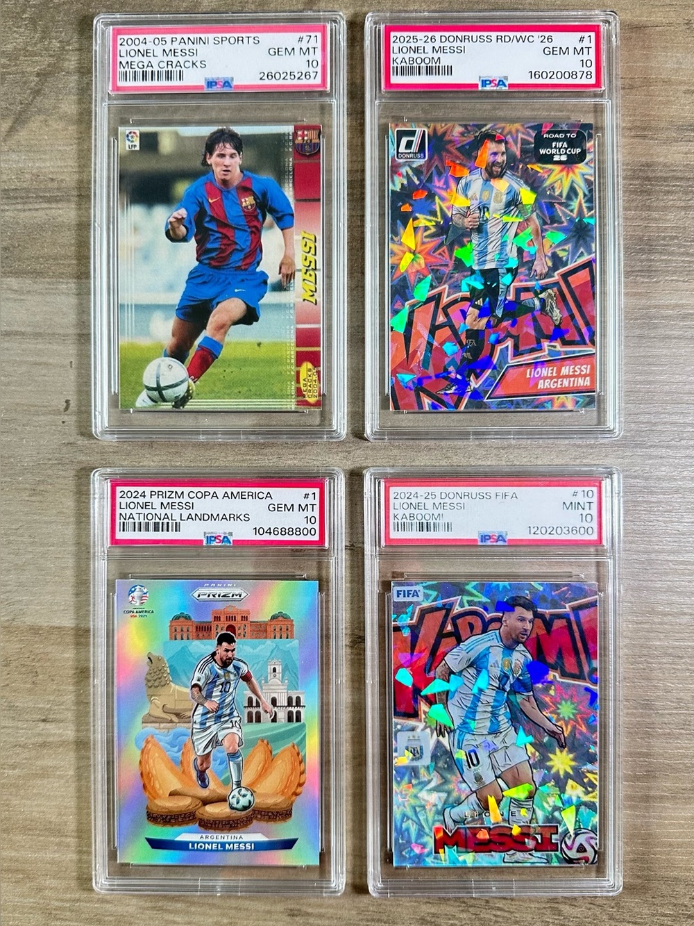 Lionel Messi Lot of (4) Rookie Gem Mint 10 Panini Kaboom Prizm Novelty Cards.
